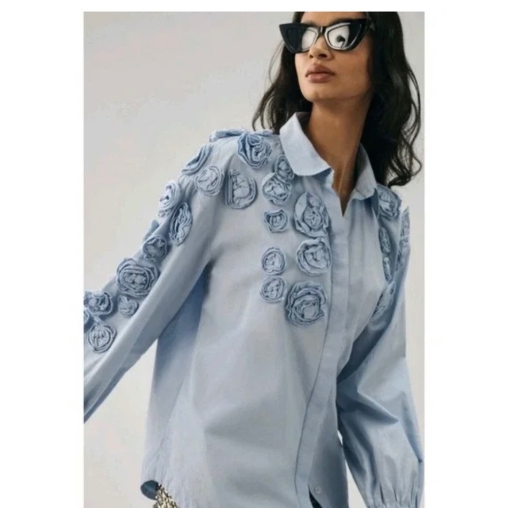 Anthropologie Maeve Pale Blue Rose floral button down blouse